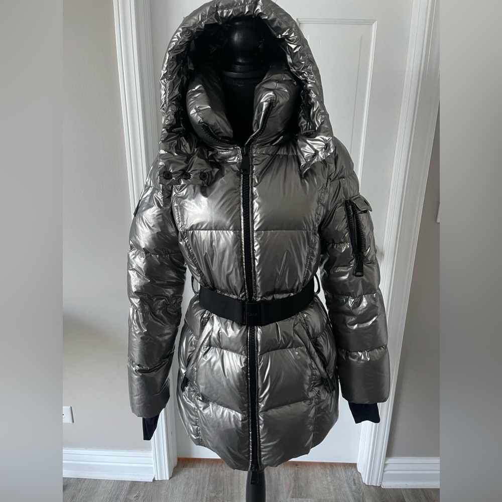 SAM. silver down belted jacket.  S